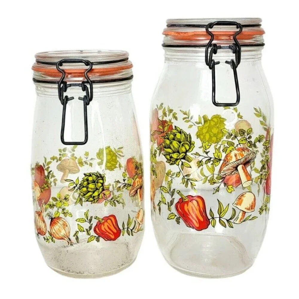 VTG 70s MCM Spice of Life CorningWare Glass Mushroom Vegetable Jars 1.5  2 liter